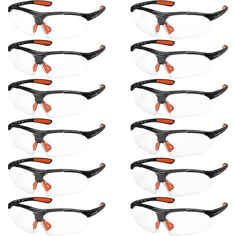 12er-Pack CE-zertifizierte, schwarz-orangefarbene Schutzbrillen mit klaren Gläsern – Schutzbrillen mit Nasenpads aus Gummi – kratzfeste Brillen (1/5)