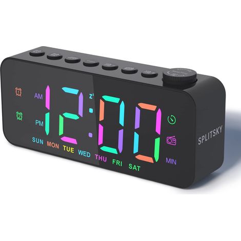 Réveil numérique de chevet avec radio FM, variation de luminosité 8 couleurs, 2 ports de charge USB A et C, minuteur, double alarme, grand affichage, pour adultes enfants ados gros dormeurs (1/5)