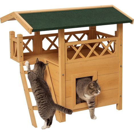 Maison pour chats en bois naturel à deux niveaux avec toit en asphalte et échelle, design confortable et élégant pour vos animaux. (1/5)