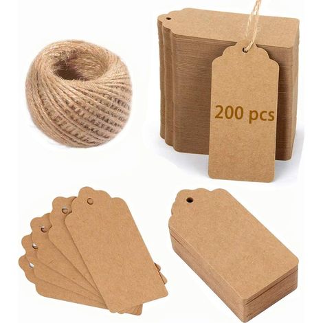 Sollbry 200 Stück braune Kraftpapier-Geschenkanhänger, rechteckig, mit 10 m natürlicher Juteschnur für Heimwerkerarbeiten und Hochzeiten (1/4)