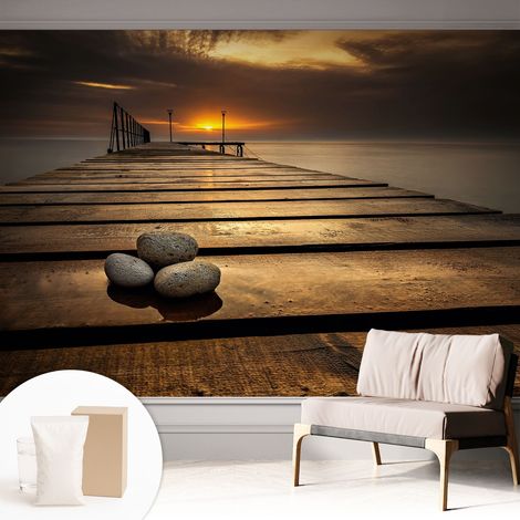 Papier peint intissé décoratif pour chambre et salon Design moderne à poser facilement - Colle incluse gratuite Coucher de soleil 312x219 cm (1/5)