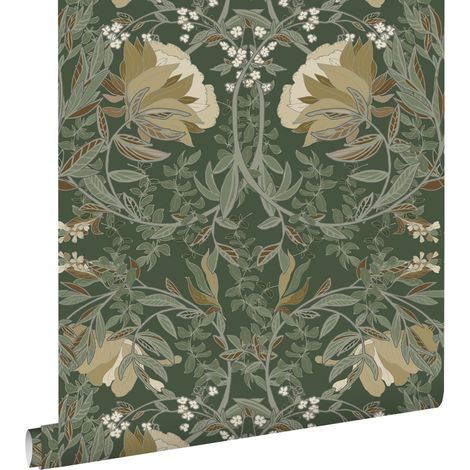papier peint fleurs vintage de style art nouveau vert foncé - ESTAhome (1/5)