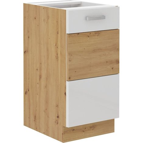 Unterschrank 40 cm Eiche Artisan + Weiß Hochglanz Küchenzeile Küchenblock Küche (1/4)
