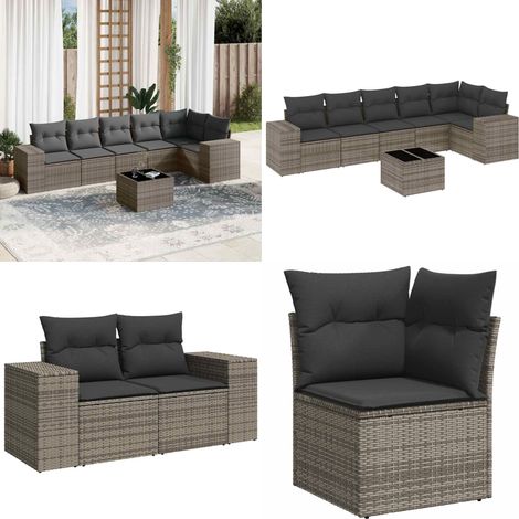 7-tlg. Garten-Sofagarnitur mit Kissen Grau Poly Rattan - Gartenmöbel Set - Esszimmergarnitur - Outdoor Möbel - Lounge Set - Rattan Gartenmöbel - Home & Living (1/5)