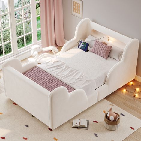 Lit enfant capitonné 90x200 cm - avec barrières de sécurité - Pieds en bois massif - Tissu Velours - Beige (Matelas non inclus)