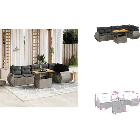 Salon de jardin avec coussins 7 pcs gris résine tressée - Ensemble Salon De Jardin - Meuble Extérieur - Résine Tressée - Rotin Synthétique - Table Extensible (1/3)