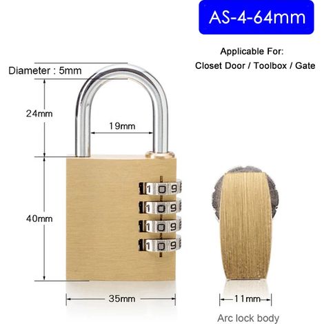 Cadenas de sécurité en laiton massif avec serrure à combinaison, adapté aux casiers, valises et tiroirs.