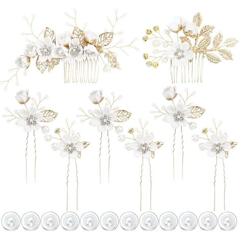 Lot de 8 peignes latéraux élégants bleu poudré à fleurs pour cheveux de mariée + épingles à cheveux fleuries + pinces à cheveux torsadées en spirale avec perles - Accessoires de coiffure pour bal de f (1/5)