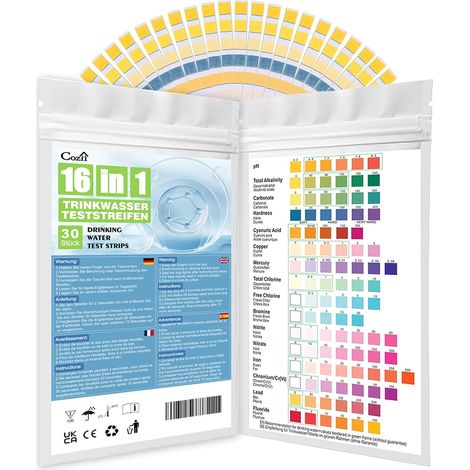 Bandelettes de Test d'Eau Potable 16-en-1, 30 Pièces, Test de pH, Chlore, Dureté et Plus (1/5)