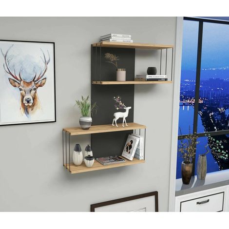 Dmora - Estantería Dpaliott, Estante, Estante de pared, Estanterías multiusos, 65x19h96 cm, Antracita y Roble (1/4)