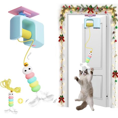 Jouet automatique à suspendre à la porte pour chat, avec plumes et clochette, jouet interactif auto-rétractable pour chats et chatons d'intérieur qui s'ennuient. (1/5)