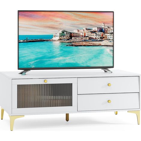 COSTWAY Meuble TV 2 Tiroirs, Meuble pour Télé de 55 Pouces, Console TV 47,5" avec Compartiment, Porte en Verre Trempé Rabattable, Pieds Métalliques, 120 x 62 x 46 cm (1/5)