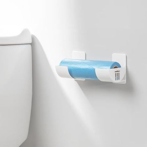 Ensemble de 4 pièces comprenant un support de rangement mural sans perçage, un distributeur de sacs poubelle et un organisateur mural multifonctionnel, blanc. (1/3)