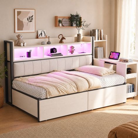 lit 90x200 avec rangements, métal et bois blanc HAVRYA (1/5)
