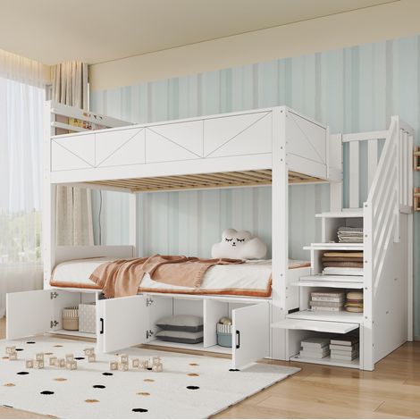 Cama litera blanca 90x200 cm con escalera de almacenaje, cajones y estante (1/5)