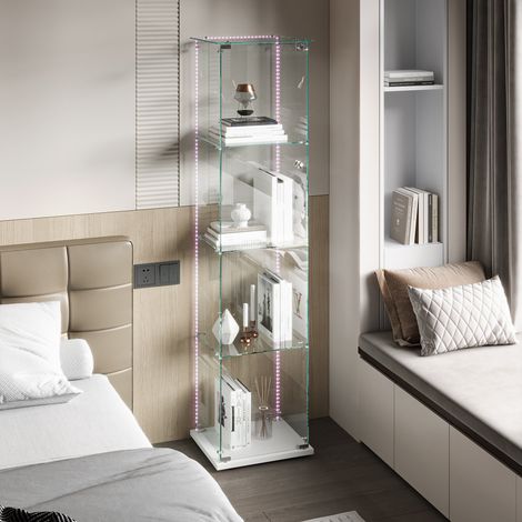 Vetrina in vetro, armadio per collezioni con serratura e luce LED, 1 porta, 4 ripiani, 40×35×163 cm, bianca (1/5)