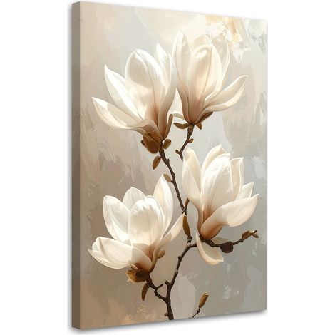 Toile Imprimée, Magnolias blancs sur fond beige dans une composition subtile,60x90 (1/4)