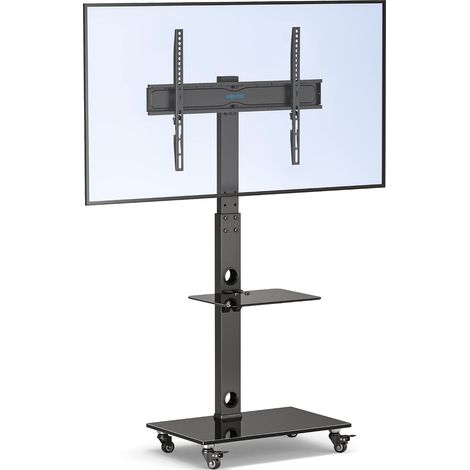 Support TV roulettes Support Tele Mobile pour Téléviseurs Plasma/LCD/LED de 30 à 70 Pouces jusqu'à 40 kg, 6 réglages de Hauteur avec étagères en Verre trempé à 2 Niveaux, Max VESA 600x400 mm (1/5)