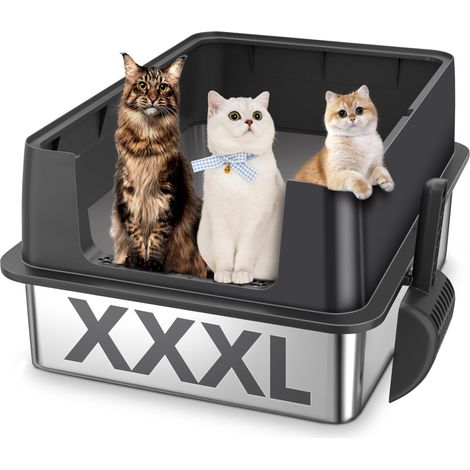Litière pour chat XXXL en acier inoxydable à bord haut 70 × 50 × 30 cm sans odeur, pas de perte d'urine, antiadhésif, facile à nettoyer, bac à litière ouverte en acier inoxydable pour grands chats (1/5)