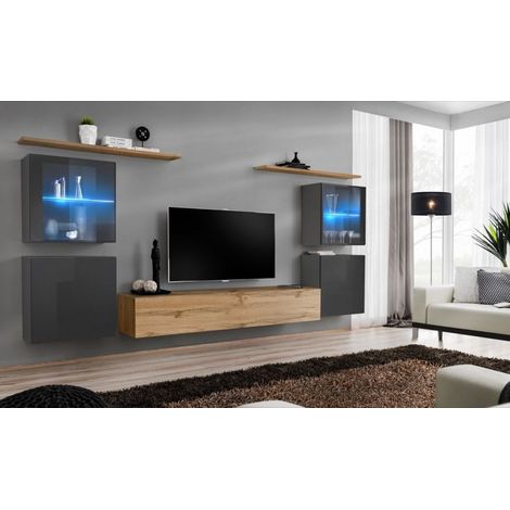 Ensemble mural - Switch XIV - 4 vitrines - 1 banc TV - 2 étagères - Bois et graphite - Modèle 2 - Livraison gratuite
