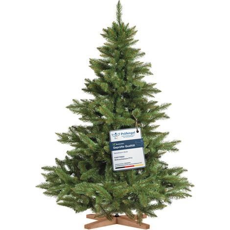 Sapin de Noël artificiel 150 cm Nordmann vert – Arbre fabriqué à la main en Europe – Branches denses – Pied en bois – Fairytrees