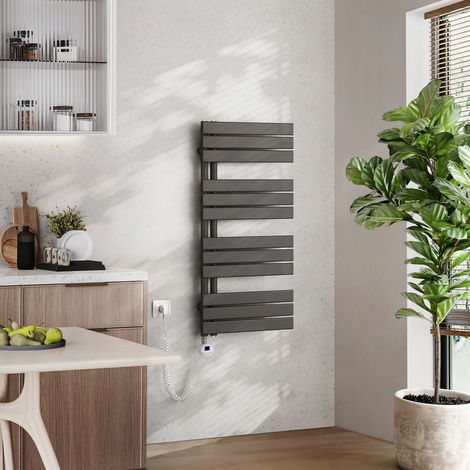 EMKE Elektrischer Badheizkörper mit WiFi 104 x 50 cm Anthrazit 600 W Handtuchheizkörper, Smart Home, Flachrohr 24/7 Timer & Alexa kompatibel