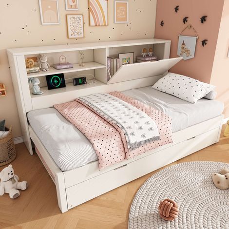 Lit banquette 90x200 cm avec lit gigogne 90x190, rangements, tête de lit, USB et USB-C, sommier à lattes, bois blanc, sans matelas (1/5)