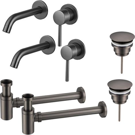 FugaFlow Eccelente Sobrado Slim Kit robinet lavabo - pour double vasque - robinet rehaussé - bonde non-obturable - siphon design bas - Gunmetal PVD (1/4)
