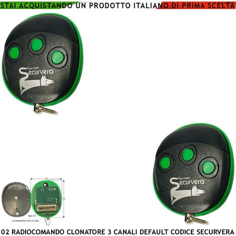 Clonazione 2 Telecomandi Frequenza Radio 433,92 MHz Potenza Trasmessa 1 mW Codice default Securvera 66 Bit Apprende Codici Binari su 3 canali Led Conferma (1/3)