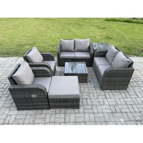 Fimous 7-Sitzer Rattan Sofa Set Outdoor Gartenmöbel Set mit quadratischem Couchtisch Loveseat Sofa Liegende Stühle Beistelltisch Großer Fußhocker Dunkelgrau Gemischt (1/5)