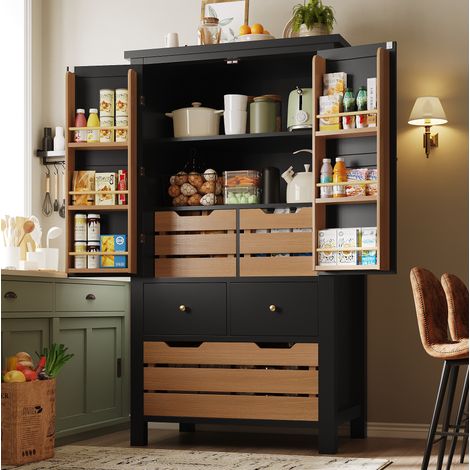 Credenza alta 80x40x140 cm in MDF con 2 ante, 5 cassetti, portaspezie e ripiani portaoggetti, nero e marrone (1/5)