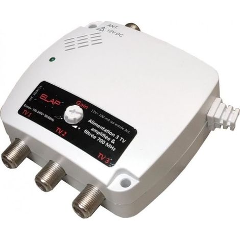 Alimentation amplifiée filtrée - ELAP - 360016 - 3 sorties TV - Filtre 4G LTE 700 MHz - Gain réglable +/-15 dB