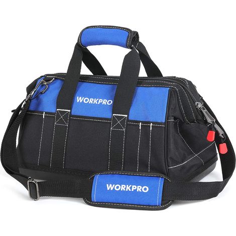 Workpro – Sac à outils grande capacité 40x25x22 cm – Polyester 500D – Fond dur pour protection – Bandoulière réglable et multi poches (1/5)