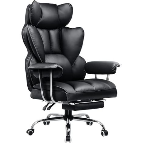 Comhoma – Chaise gaming ergonomique avec repose-pieds télescopique – Hauteur réglable – Dossier inclinable 90° à 135° – Base en nylon robuste – Noir (1/5)