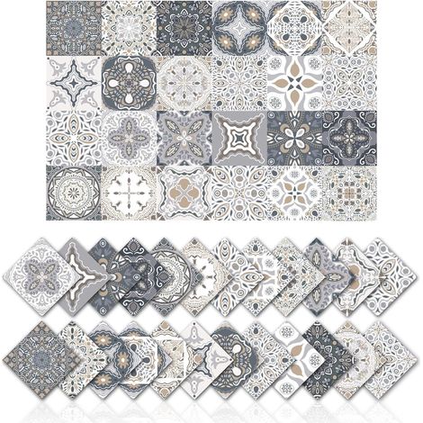 24Pcs Carrelage Autocollants Décoration Murale Salle De Bains Cuisine Stickers Muraux Étanche Pvc Décoration Autocollants - Rétro Gris Autocollants (10x10cm) (1/5)