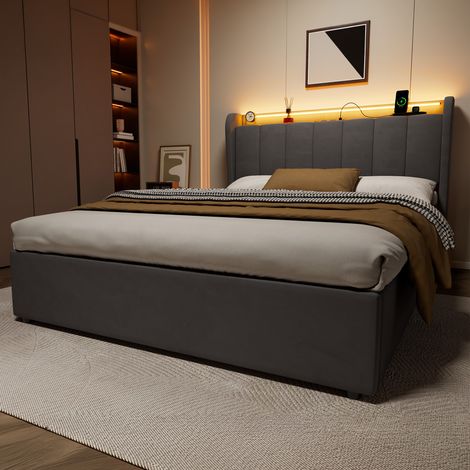 Cama hidráulica con almacenamiento 217x111x149 cm de terciopelo gris oscuro con LED y base de carga (1/5)