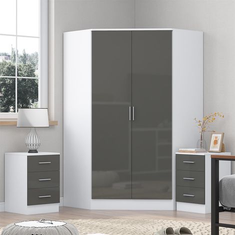 Reflect 3pc Wardrobe Bundle - 2 Door Corner + 2x 3 Drawer Bedsides - Grey Gloss & Matt White