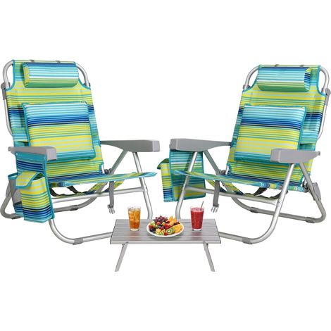 Strandstuhl Klappbar Leicht Aluminium 2er Set & Tisch, Rucksack Klappstuhl Strand, Campingstuhl Kann Flach Liegen,bis 150 kg belastbar, 6363.580.5cm Outdoor Faltstuhl Verstellbarer Hohe Rückenlehne G