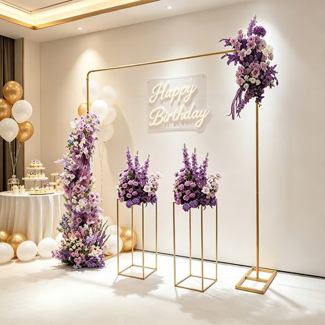 Support pour ballons doré 2 x 2 m avec supports pour fleurs 27 x 27 x 80 cm, support métallique pour toile de fond de mariage (1/5)