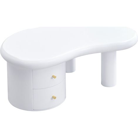 Moderner weißer Couchtisch aus MDF mit unregelmäßiger Form, 2 Schubladen, 97 x 64 x 42 cm (1/5)