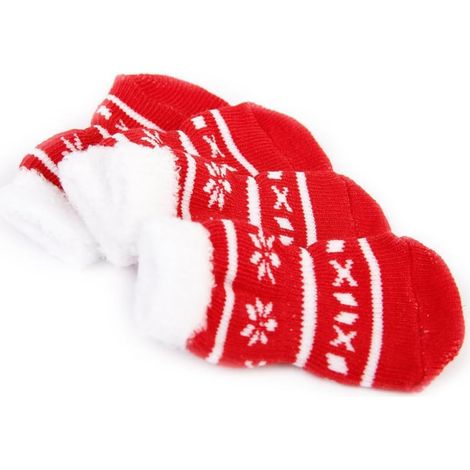 4pièces Lot Chaussettes Antidérapantes de Noël pour Chien et Chat S Coton Rouge et Blanc Protection Froid et Saleté Semelle Caoutchouc Anti-dérapante (1/5)