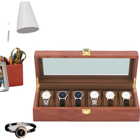 Organisateur de Boîte à Montres, Construction en MDF, 6 Compartiments, Taille des Compartiments 3,54 x 1,77 x 2,36 Pouces, Doublure en Velours, Rangement Multifonctionnel (1/5)