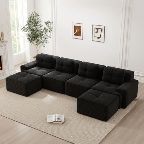 Canapé 4 places，canapé modulable，avec méridienne en forme de U, confortables rembourrés en velours côtelé à assise profonde, canapé sans assemblage, design antidérapant, Noir (1/5)