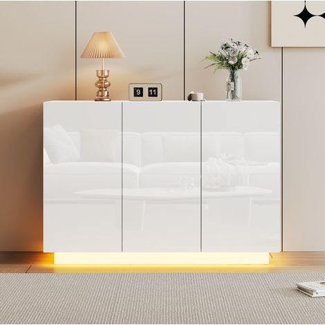 Buffet 120/40/75 cm blanc brillant avec LED et étagères réglables (1/5)
