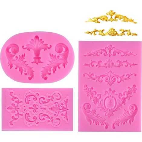 Lot de 3 moules en silicone baroques pour fondant, volutes et arabesques sculptées en 3D, pour la décoration de gâteaux, bonbons, cupcakes et autres créations en pâte polymère et sucre.