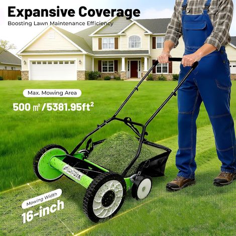 Manual Reel Lawn Mower, 16 Inch 5-Blade Cordless Push Mower with Adjustable Cutting Height and Grass Catcher for Yard, Garden