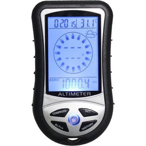 8-in-1 Multifunktions-Digitalhöhenmesser mit hintergrundbeleuchtetem LCD-Display, Mini-Höhenmesser, Barometer, Kompass, Thermometer, Wettervorhersage und Kalender (1/4)