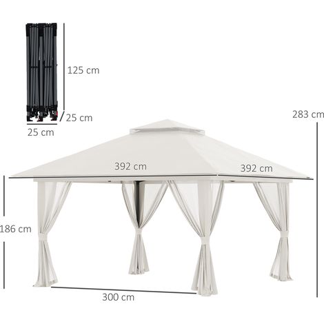Pavillon pliant 4x4 m avec 4 rideaux en filet, hauteur réglable, protection UV, double toit, sac de transport, blanc crème, idéal pour le jardin et les événements. (1/5)