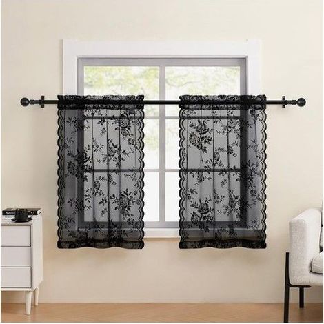 Rideaux courts en dentelle - Lot de 2 panneaux - Longueur 91 cm - Occultants - Filtrant la lumière - Motif floral (1/5)