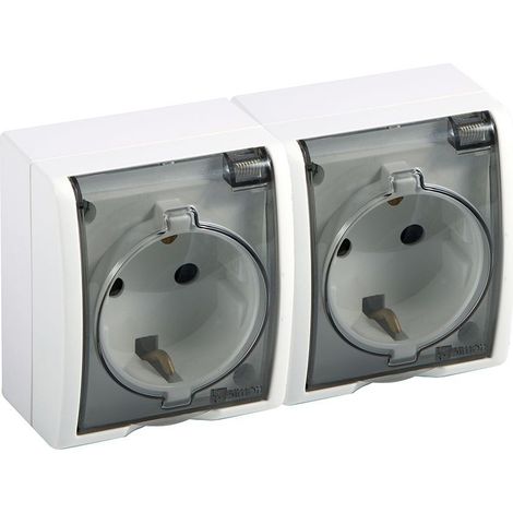 Base doble, superficie, schuko 2p+t, 16a 250v, ip54, serie aquarius, blanco con tapa transparente, blister (1/2)